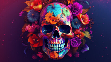 Free photo a colorful skull with a flower pattern on it, Generative AI.
