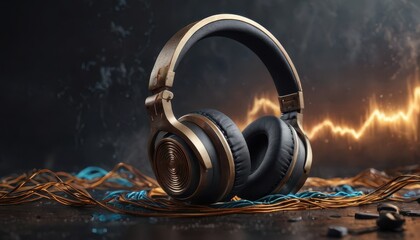 Gold and Black Headphones on Abstract Background.