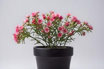 Fototapeta premium Common wax flower plant in pot white background, Ai Generated