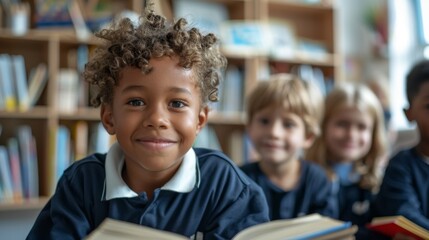 Diverse Primary School Children Reading Together in Classroom，Natural light illuminates the classroom, emphasizing the atmosphere of learning and diversity.