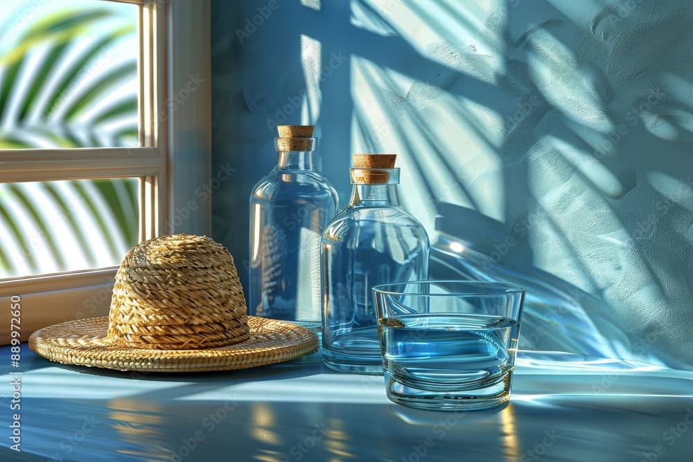 Poster Summer decor with hat and bottles on a sunny windowsill in a vibrant cozy photograph