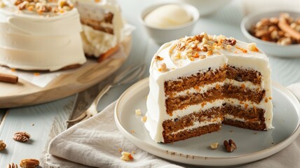 A vibrant carrot cake with cream cheese frosting and cinnamon.