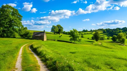 A dirt road leads to a small house in the middle of a green field.