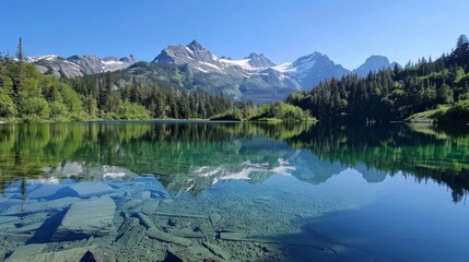 Fototapeta premium A serene mountain lake with crystal clear water reflecting the surrounding peaks and trees