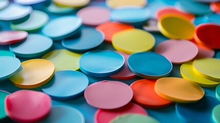 A pile of colorful plastic discs on a blue surface.