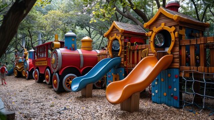 A playground with a train theme, featuring locomotive-shaped slides and tunnels, with children playing conductors and passengers.