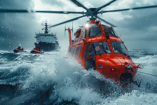 Emergency air sea rescue red helicopter and oil tanker ship rescue operation by coast security team - Powered by Adobe