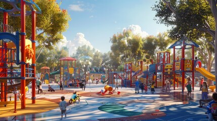 A vibrant playground scene with children playing on a large, colorful jungle gym, surrounded by parents and guardians.