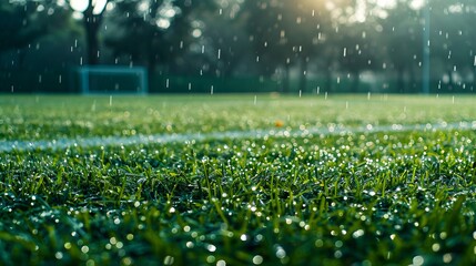 A soccer field with rain falling on it.