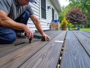 A worker installing composite decking on a residential porch, using a power drill for precision and durability in an outdoor space.