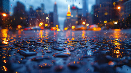 Raindrops on Cityscape: Reflective Silver Droplets Capture Urban Reflections