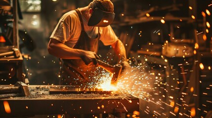 A skilled blacksmith forging metal in a hot workshop, sparks flying as they hammer on an anvil