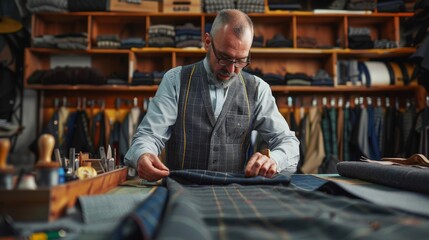 A skilled tailor measuring fabric and cutting patterns, creating a custom suit in a tailoring shop