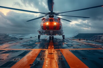Helicopter takes off from helipad on oil platform on sunny day, ideal weather conditions