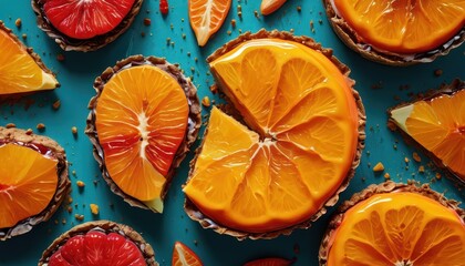 Orange and Grapefruit Tarts on Blue Background.