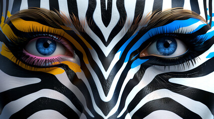 A woman's face is painted with zebra stripes and blue eyes. The colors are bright and bold, giving the impression of a wild and free spirit. The woman's eyes are the focal point of the image