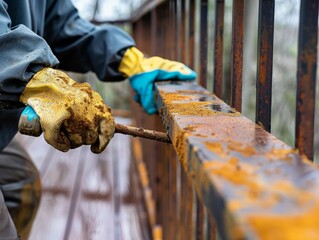 Person removing rust from iron railings with a brush, wearing protective gloves and jacket on a rainy day, close-up view.