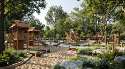 Obraz premium A playground with a nature-themed design, featuring wooden structures and natural materials, blending seamlessly into the surrounding park.