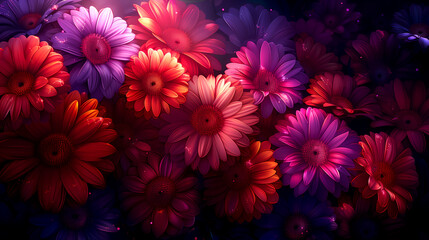 A colorful bouquet of flowers with a purple background. The flowers are arranged in a way that they look like they are blooming. Scene is cheerful and vibrant