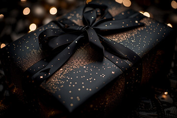 A black box with a gold ribbon and gold glitter on it