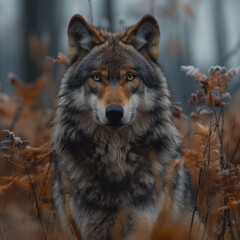 Obraz premium A Gray Wolf in the Forest: Intense Gaze Amidst the Wilderness