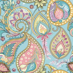 seamless pattern of paisley motifs in pastel colors, Generative AI