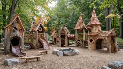 Obraz premium A playground with a fairy tale theme, featuring enchanted forest play structures and children pretending to be magical creatures.