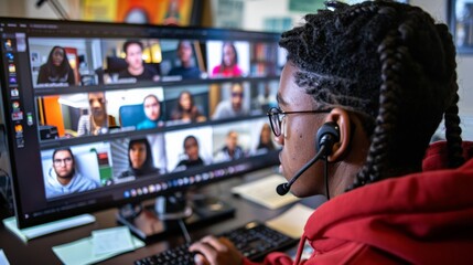 A student participating in a virtual study group, with multiple faces on the screen and notes scattered around