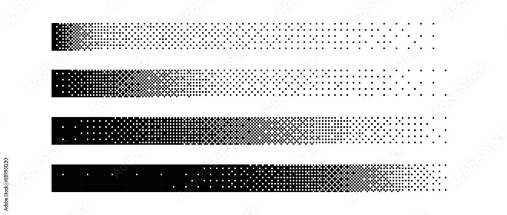 Poster halftone horizontal gradient border set. black long dotted header or footer collection. pixelated re