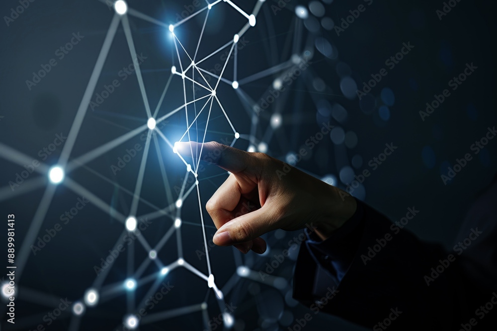 Poster a hand touches light points in the direction of a technology network and interconnected lines. symbo