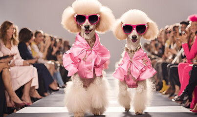 Fashionista Poodle: Poodles wearing designer clothes and sunglasses, strutting down a runway, fashion show setting, commercial campaign, chic and glamorous. 