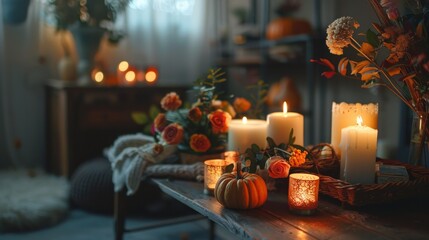 Autumn cozy home interior with candles, pumpkins and flowers. Pumpkin Day and Halloween Day Concept