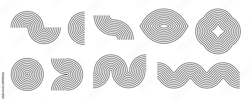 Poster black linear boho style arch and wave set. mid century line curve shapes collection. decorative outl