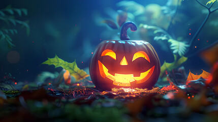 Fototapeta premium Closeup of cute funny laughing jack o lantern, illuminated by the moon light.