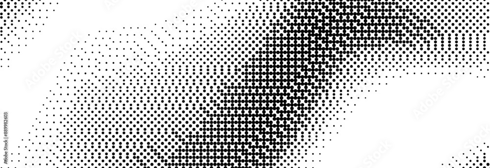Poster Black and white pixelated bitmap wave gradient. Dither spots background texture. 8 bit video game screen wallpaper. Retro glitchy pixel art illustration. Abstract vector wavy dithering border overlay