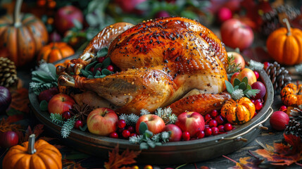 Sumptuous Thanksgiving Dinner Table with Roasted Turkey, Autumn Leaves, Apples, and Pumpkins in Warm, Festive Setting