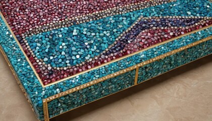 Closeup of Blue and Red Stone Mosaic Tabletop.