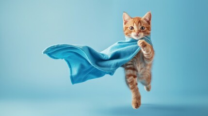Obraz premium Superhero cat concept, Cute orange tabby kitty with a blue cloak and mask jumping and flying on light blue background with copy space. The concept of a superhero, super cat, leader.
