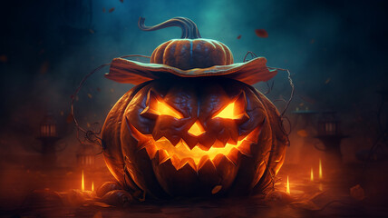 Halloween wallpaper with evil pumpkin, Generative AI.