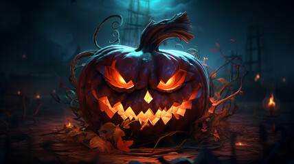 Halloween wallpaper with evil pumpkin, Generative AI.