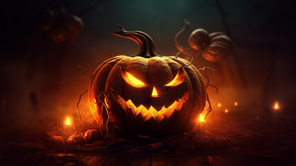 Halloween wallpaper with evil pumpkin, Generative AI.