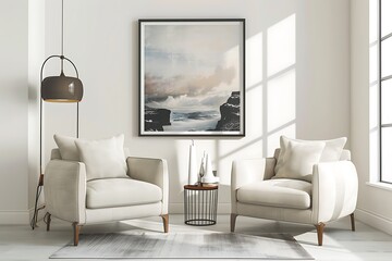 Harmonious blend of comfort and style, featuring two arm chairs in a modern living room setting a prominent framed poster on a white wall.