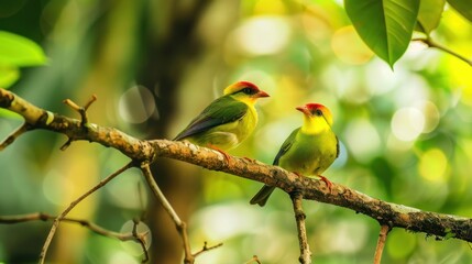 Two Green and Yellow Birds Perched on a Branch