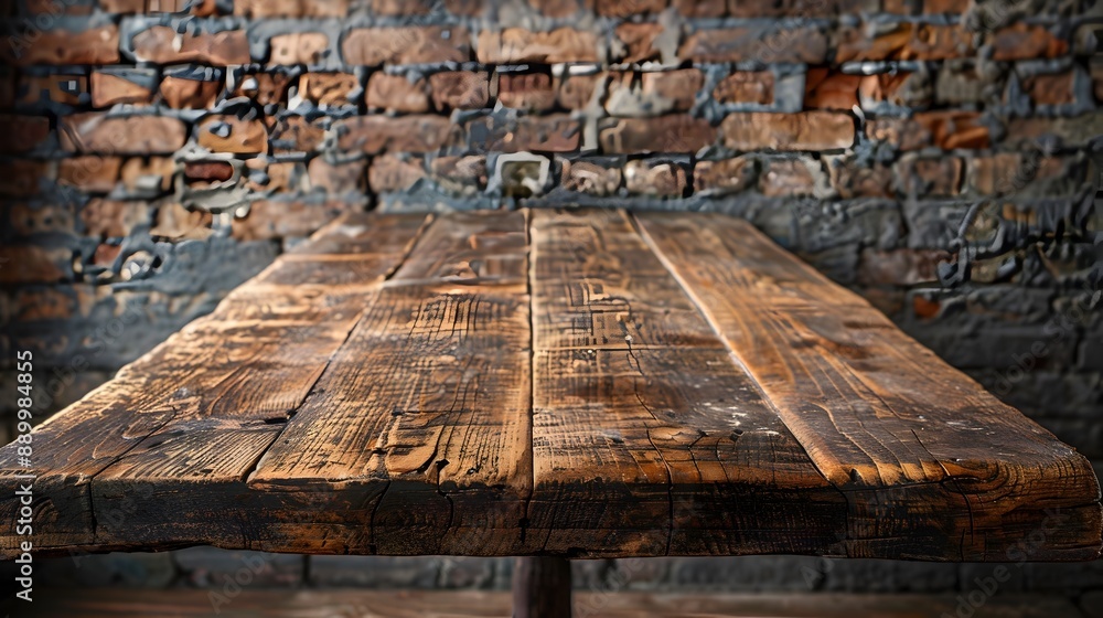 Poster rustic wooden table with distressed finish against exposed brick backdrop for handcrafted product di