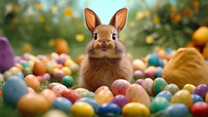 Happy bunny with many easter eggs on grass festive background for decorative design, Generative AI.