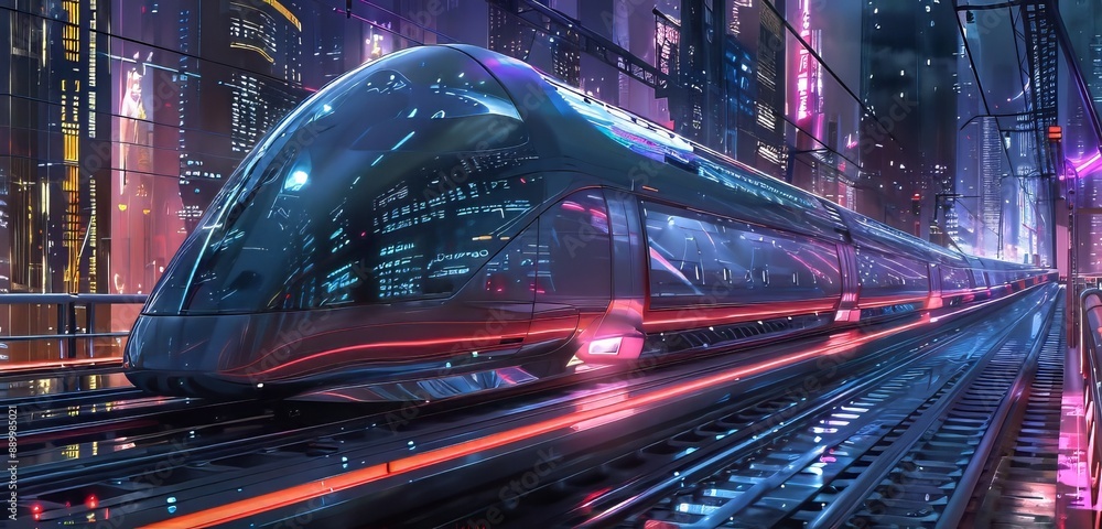Poster futuristic cityscape with a highspeed train passing through