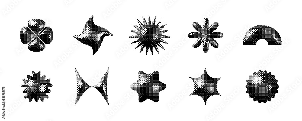 Poster pixelated 3d y2k shape set. bitmap stars, flowers, sparkles, arch element collection. retro 8 bit st
