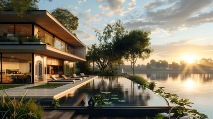 Obraz premium Luxurious Eco-Friendly Lakeside Contemporary Home with Stunning Sunset Reflection