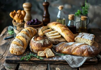 A rustic wooden table set with an assortment of freshly baked bread and pastries