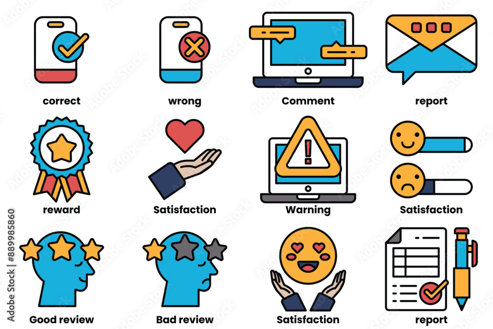 Poster set of icons in line style in the concept about the business and reviews